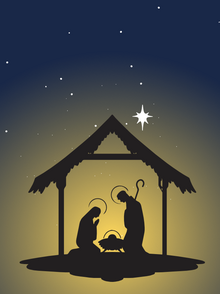 Scherenschnitt der Krippe mit Maria, Josef und dem Jesuskind