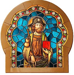 Jakobus-Kirchenfenster im Pfarrsaal in Lindenholzhausen