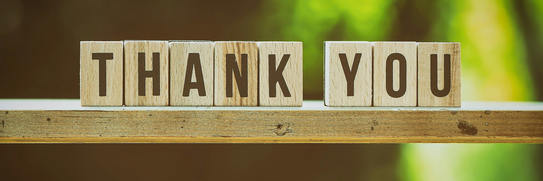 Auf einer Latte stehen Holzklötzchen mit Buchstaben, die die Wörter Thank you darstellen.