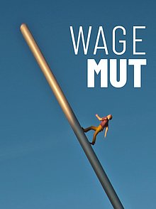 Modell eines Männchens, das eine schräg in den Himmel stehende Stange hoch geht.