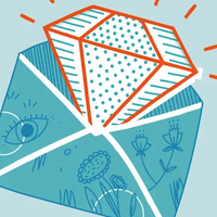 Grafik mit dem Schriftzug "7 Wochen wertvoll" und einem offenen Briefumschlag, in dem ein Diamant steckt.