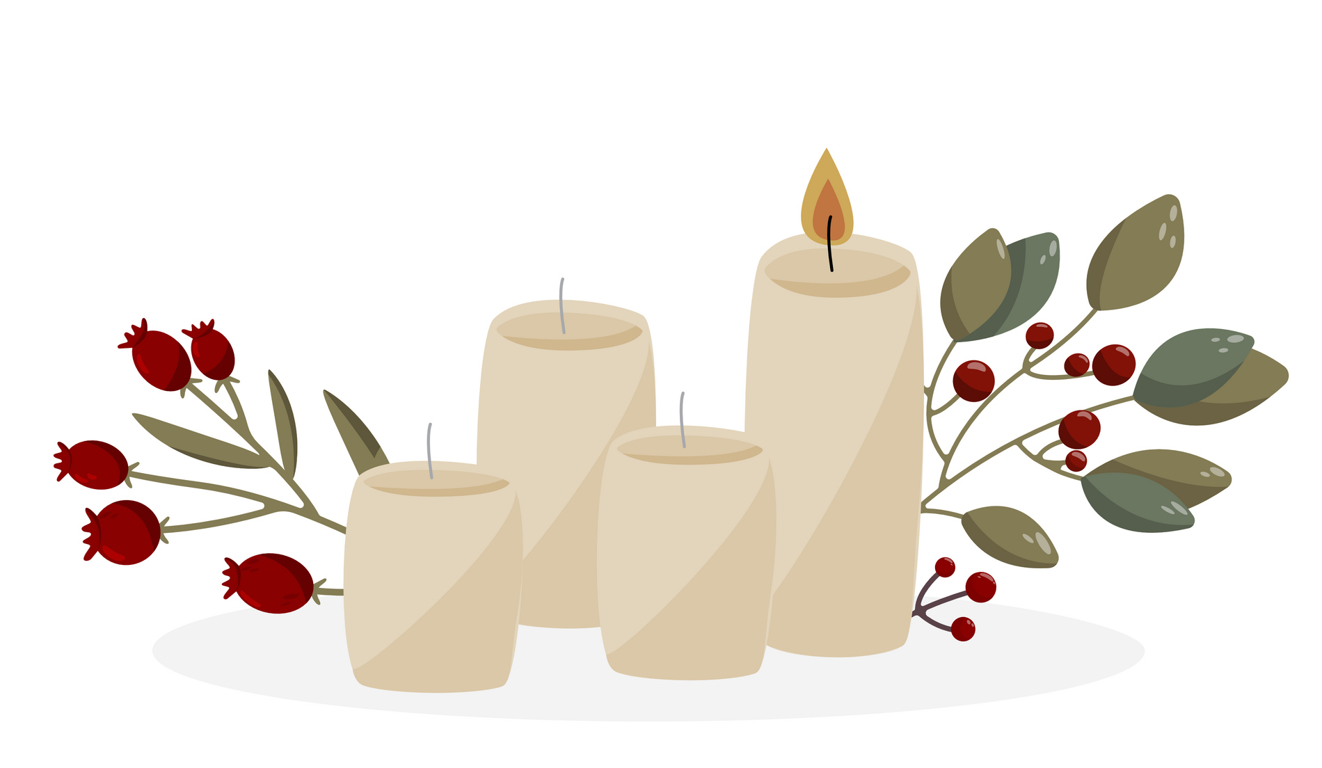 Vier Kerzen stehen auf einem Teller angeordnet mit ein paar weihnachtlichen Zweigen