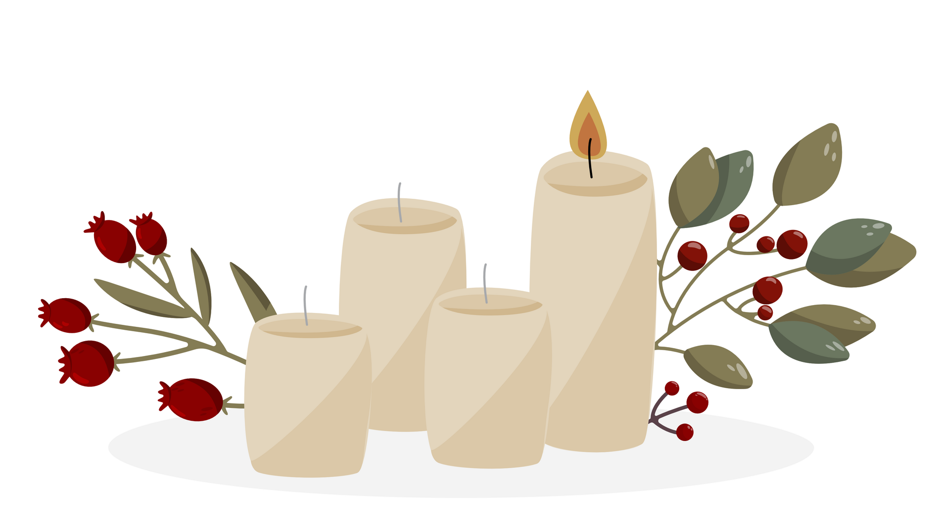 Vier Kerzen stehen auf einem Teller angeordnet mit ein paar weihnachtlichen Zweigen