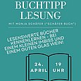 Plakat mit Daten zur Buchtipp-Lesung. Blauer Hintergrund, weiße Schrift