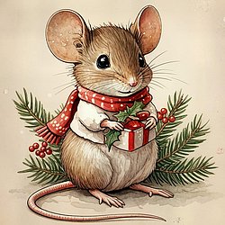 kleine Maus mit Geschenk sitzt vor Tannenzweigen
