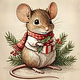 kleine Maus mit Geschenk sitzt vor Tannenzweigen