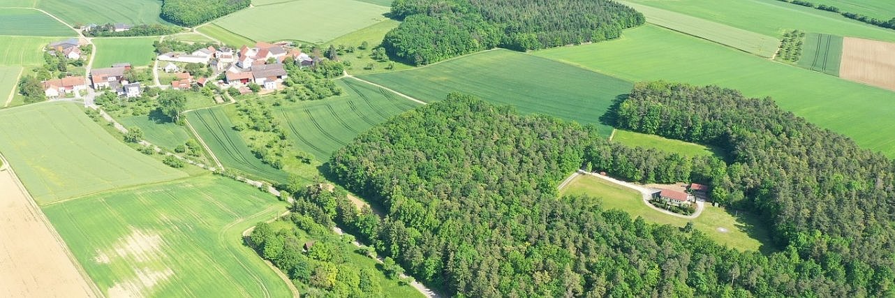 Zeltplatz mit Haus inmitten eines Waldes
