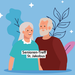 Vektorgrafik einer älteren Dame und eines älteren Herrn, die lächeln vor einem blauen Hintergrund