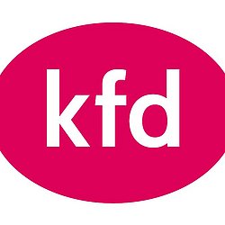 Abbildung des Logos der kfd - weiße Buchstaben auf pinkem Hintergrund