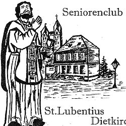 Strichzeichnung zeigt den Hl. Lubentius vor der Kirche Dietkirchen