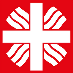 Das Logo der Caritas zeigt auf rotem Grund das Flammenkreuz in weiß