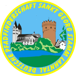 Rundes Logo mit der St. Lubentiuskirche Dietkirchen und Schloss Dehrn des Pfadfinderstamms Lahntal