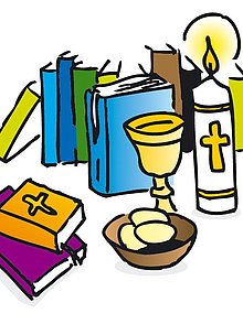 Eine Grafik, die Bücher zur Erstkommunion, einen Kelch und Hostienschale abbildet.