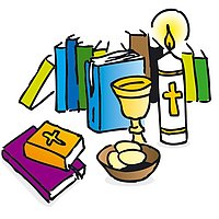 Eine Grafik, die Bücher zur Erstkommunion, einen Kelch und Hostienschale abbildet.