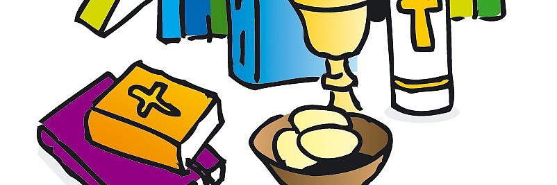 Eine Grafik, die Bücher zur Erstkommunion, einen Kelch und Hostienschale abbildet.