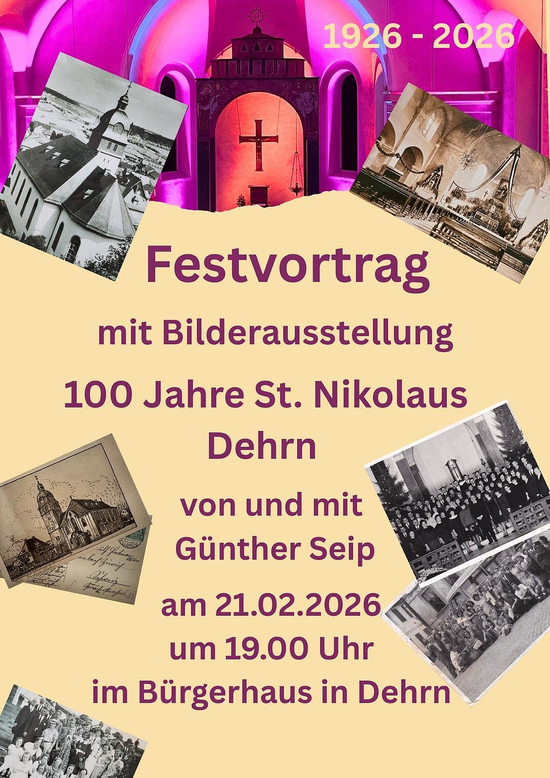 Plakat mit Bildern der St. Nikolauskirche in Dehrn