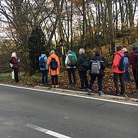 Die Pilgergruppe steht am Straßenrand vor einem Wegekreuz